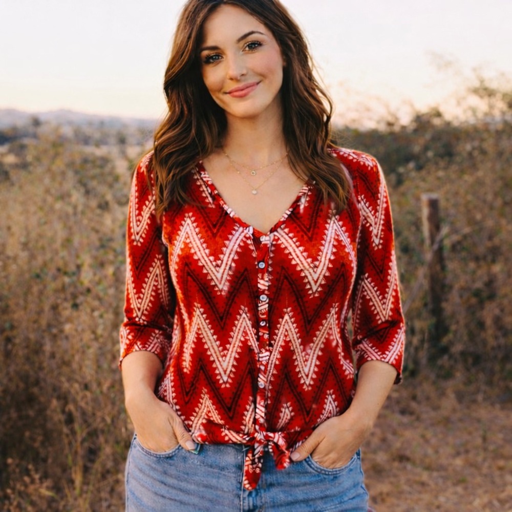 Lucky Brand Womens M Red Aztec Western Tie Front Top Cowgirl Rodeo Boho Cotton
